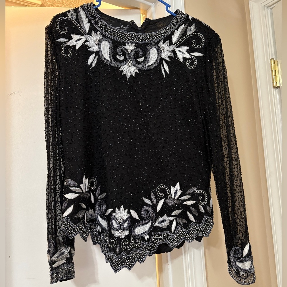 Lawrence Kagar 100% Silk Beaded Sheer Long Sleeve Zip Up Blouse